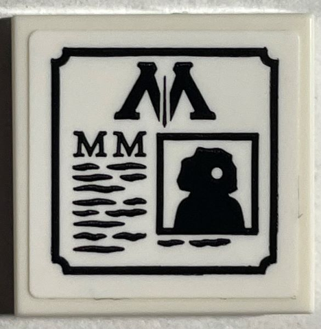 Tile 2 x 2 with Newspaper with Black Capital Letter M (Ministry of Magic Logo), Writing and Minifigure Silhouette Pattern (Sticker) - Set 76403