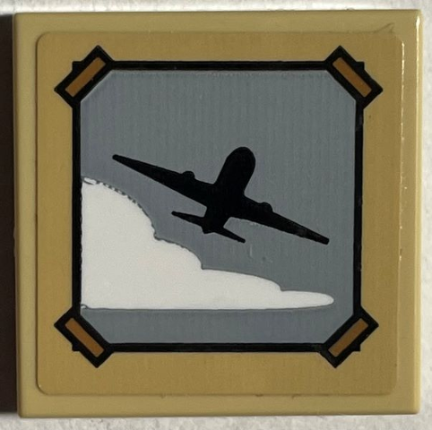 Tile 2 x 2 with Picture of Black Airplane and White Cloud with Dark Tan Tape Pattern (Sticker) - Set 76403
