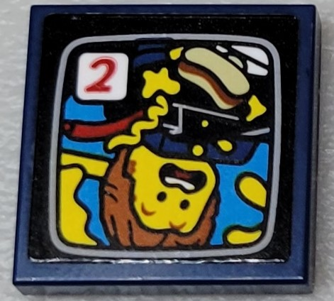 Tile 2 x 2 with TV Screen with Upside Down Male Minifigure, Hot Dog and Red Number 2 Pattern (Sticker) - Set 10303