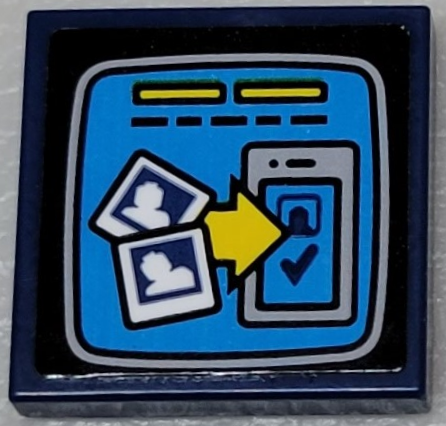 Tile 2 x 2 with TV Screen with 2 Minifigure Photos, Yellow Arrow and Check Mark on Smartphone Pattern (Sticker) - Set 10303
