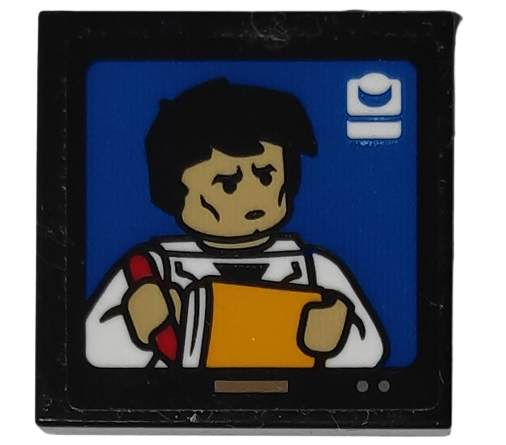 Tile 2 x 2 with TV Screen with Minifigure Holding Red Pen and Yellow Notepad Pattern (Sticker) - Set 10292