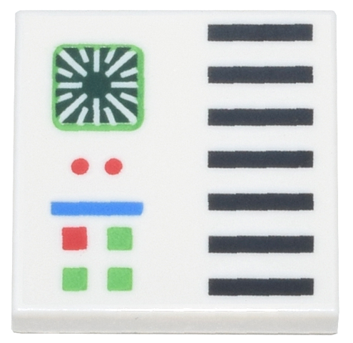 Tile 2 x 2 with Computer Panel with Dark Green Screen and Bright Green, Red, Blue and Black Lights, Buttons, and Grille Lines Pattern