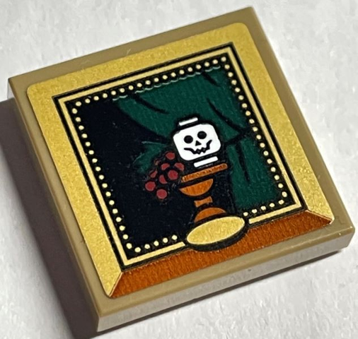 Tile 2 x 2 with Picture of White Skull on Table with Grapes and Dark Green Curtain in Gold Frame Pattern (Sticker) - Set 76408