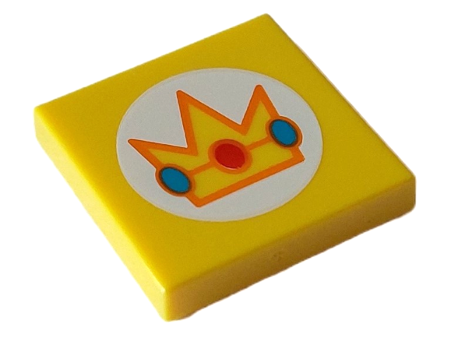 Tile 2 x 2 with Crown with Red and Dark Turquoise Jewels and Orange Edges in White Circle Pattern