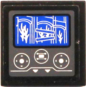 Tile 2 x 2 with Control Panel with Flames and Building on Blue Screen, White Arrows and Joysticks Pattern (Sticker) - Set 60216