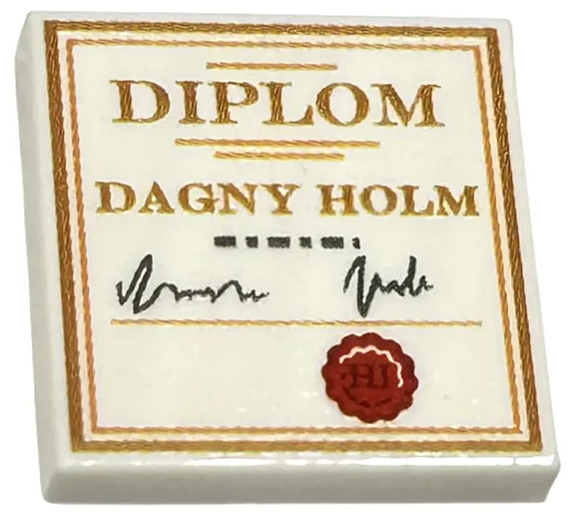 Tile 2 x 2 with Copper 'DIPLOM DAGNY HOLM', Black Signature, Red Stamp with 'HI' and Border Pattern