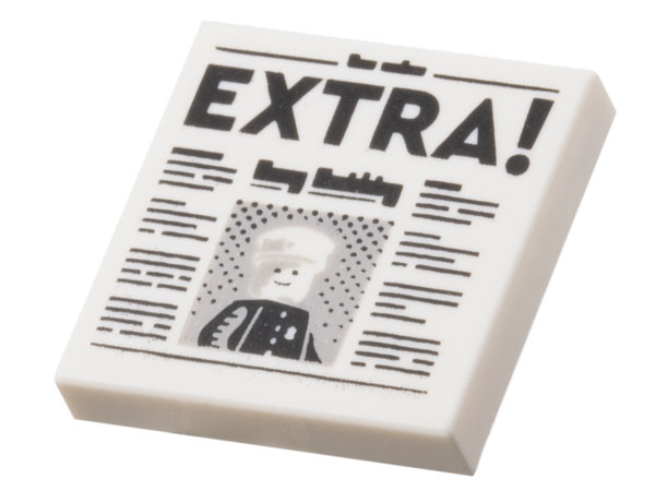 Tile 2 x 2 with Newspaper with Black 'EXTRA!' and Policeman Minifigure with Cap Pattern