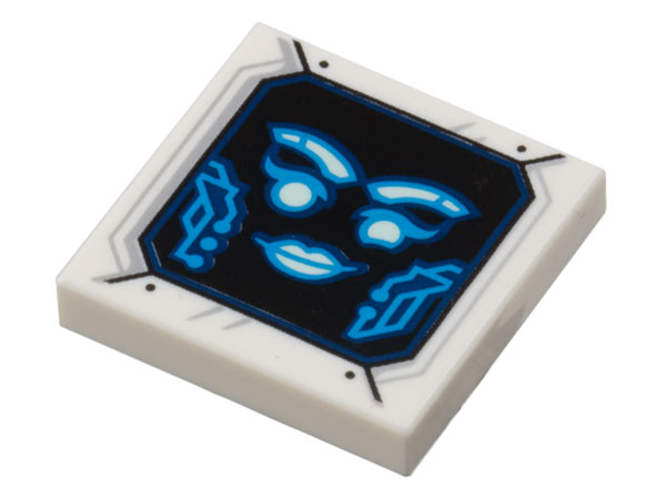Tile 2 x 2 with Dark Azure and White Eyebrows, Eyes, Lips, and Circuitry on Black Screen Pattern (Pixal Bot Face)