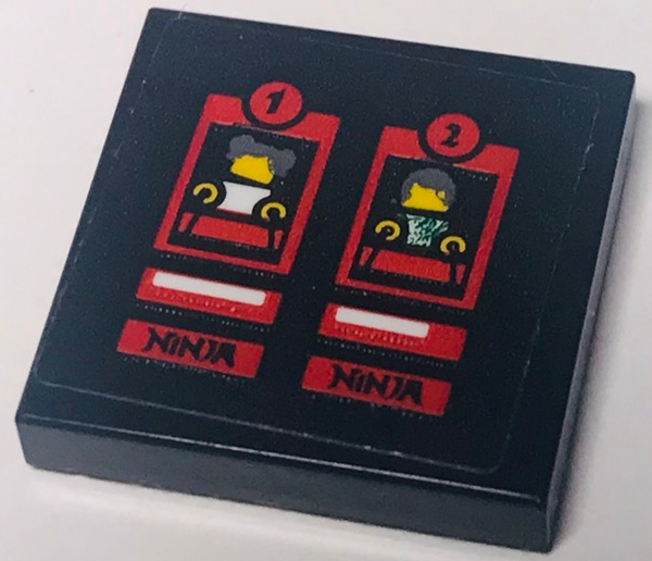 Tile 2 x 2 with Number 1 and 2, 'NINJA', Red Rectangles, White Lines and Minifigures in Frames Pattern (Sticker) - Set 40429