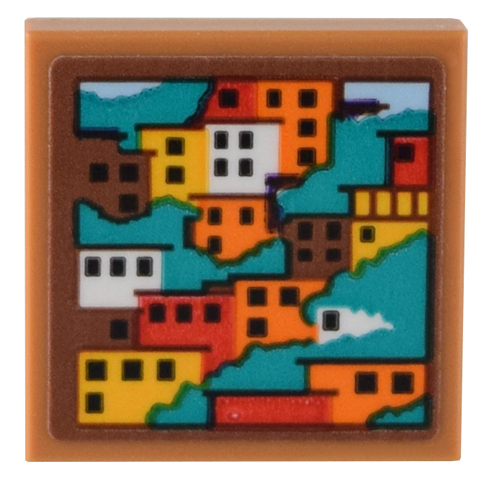 Tile 2 x 2 with Orange, Bright Light Orange, Red, and White Houses on Dark Turquoise Hillside Pattern (Sticker) - Set 40583