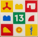 Tile 2 x 2 with Propeller, Bricks, Cup, Number 13, Quarter Tile, Slope, Round Plate 1 x 1 and Flame Pattern