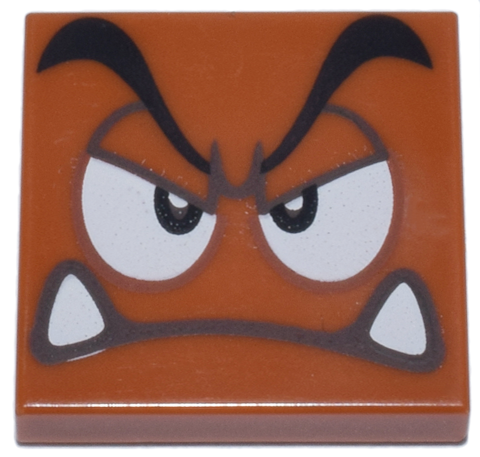 Tile 2 x 2 with Black Eyebrows, Dark Brown and White Eyes Looking Straight Partially Closed, Angry Frown with Bottom Fangs Pattern (Super Mario Goomba Face)
