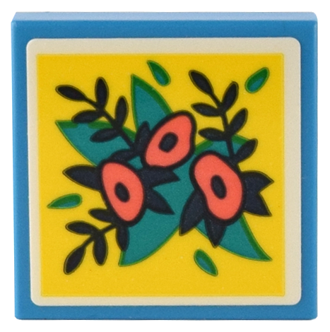 Tile 2 x 2 with Coral Flowers, Dark Turquoise and Dark Blue Leaves on Yellow Background Pattern (Sticker) - Set 41732