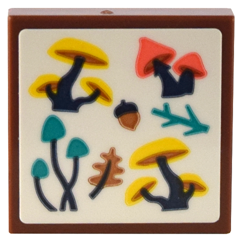 Tile 2 x 2 with Yellow, Coral, and Dark Turquoise Mushrooms, Twigs, and Acorn Pattern (Sticker) - Set 41732