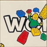 Tile 2 x 2 with LEGO World Logo Left Half, 'WO', Minifigure with Blue Cap, Bricks and Yellow Stud in Corner Pattern