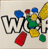 Tile 2 x 2 with LEGO World Logo Left Half, 'WO', Minifigure with Blue Cap, 5 Whole Bricks and Plain Corner Pattern