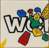 Tile 2 x 2 with LEGO World Logo Left Half, 'WO', Minifigure with Blue Cap, Bricks and Yellow Point in Corner Pattern