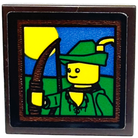 Tile 2 x 2 with Picture of Forestman Minifigure with Green Hat and Yellow Feather Pattern (Sticker) - Set 910001