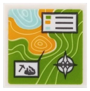 Tile 2 x 2 with Map Topographical with Compass Rose and Pickaxe Pattern (Sticker) - Set 41432