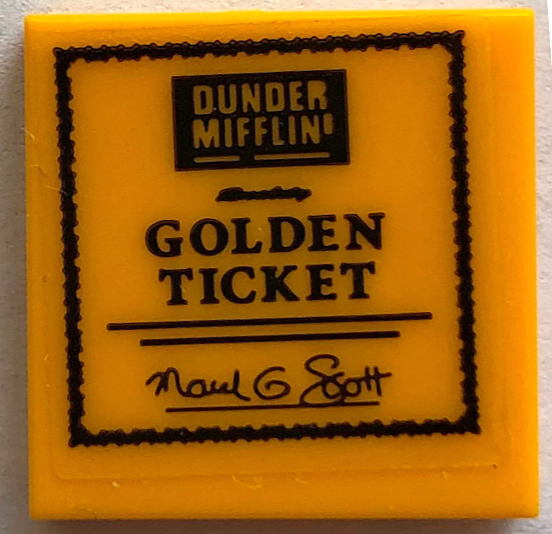 Tile 2 x 2 with Black 'DUNDER MIFFLIN' and 'GOLDEN TICKET' Pattern (Sticker) - Set 21336