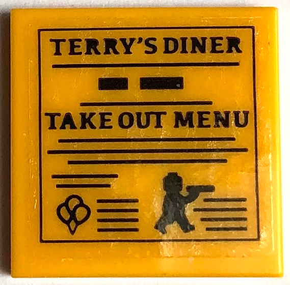 Tile 2 x 2 with Black 'TERRY'S DINER' and 'TAKE OUT MENU' Pattern (Sticker) - Set 21336