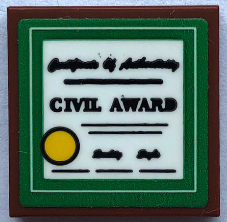 Tile 2 x 2 with Black 'Certificate of Authenticity', 'Civil Award', Yellow Circle and Green Border Pattern (Sticker) - Set 21336