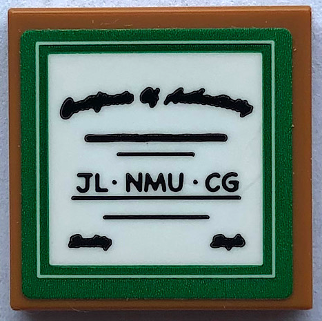 Tile 2 x 2 with Black 'Certificate of Authenticity', 'JL.NMU.CG' and Green Border Pattern (Sticker) - Set 21336