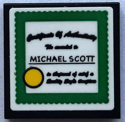 Tile 2 x 2 with Black 'Certificate of Authenticity', 'MICHAEL SCOTT', Yellow Circle and Green Border Pattern (Sticker) - Set 21336
