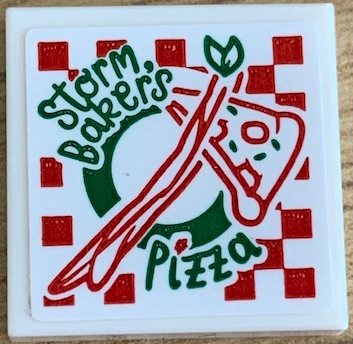 Tile 2 x 2 with Green and Red 'Storm Baker's Pizza' Box Pattern (Sticker) - Set 76200