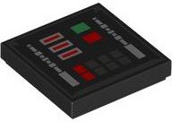 Tile 2 x 2 with SW Darth Vader Control Panel with Dark Silver Outline and Silver, Green and Red Buttons Pattern