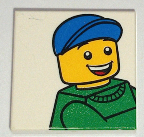 Tile 2 x 2 with Minifigure with Green Torso and Blue Cap Pattern