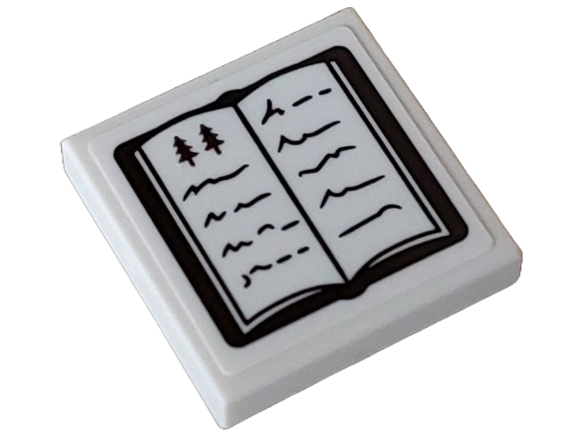 Tile 2 x 2 with Book, Open with Dark Brown Pine Trees and Black Text Pattern (Sticker) - Set 10325