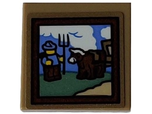 Tile 2 x 2 with Painting of Sand Green and Tan Landscape with Medium Blue Sky, White Clouds, Black Pitchfork, Farmer, Dark Brown Cow and Frame Pattern (Sticker) - Set 10325