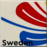 Tile 2 x 2 with Blue and Red Swirls and Black 'Sweden' Pattern