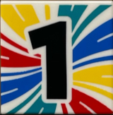 Tile 2 x 2 with Blue, Yellow, Red and Dark Turquoise Swirls and Black Number 1 Pattern