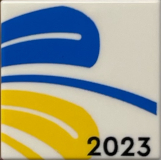 Tile 2 x 2 with Blue and Yellow Swirls and Black '2023' Pattern