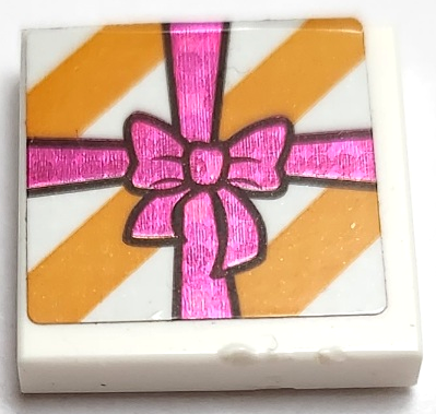 Tile 2 x 2 with Bright Light Orange Diagonal Stripes and Holographic Magenta Ribbon with Bow Pattern (Sticker) - Set 41167