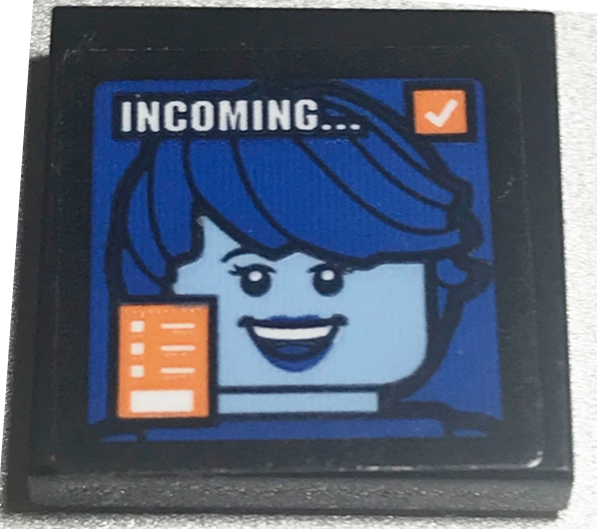 Tile 2 x 2 with Screen with White 'INCOMING...' and Medium Blue Minifigure Head with Blue Hair Pattern (Sticker) - Set 60227
