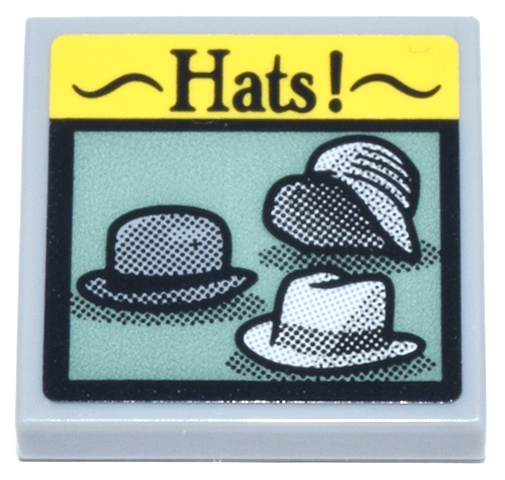 Tile 2 x 2 with Yellow and Black Sign with 'Hats!' and 3 Light Bluish Gray and White Hats with Vintage Print Shading Pattern (Sticker) - Set 21347