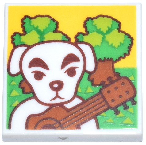 Tile 2 x 2 with White Dog, Dark Orange Guitar, Bright Green and Lime Grass and Trees Pattern (Animal Crossing K.K. Slider Forest Life Album Cover)