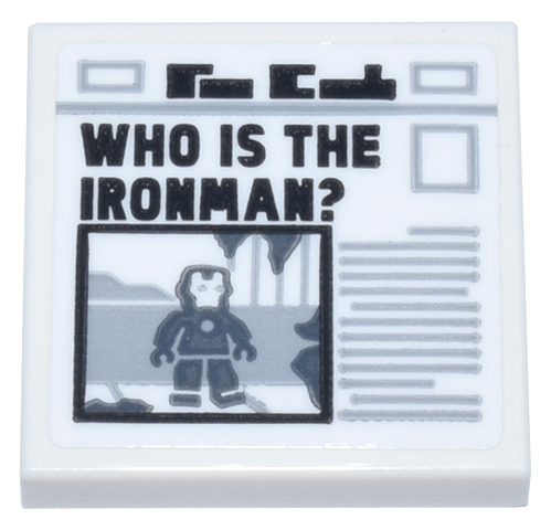 Tile 2 x 2 with Newspaper with Black 'WHO IS THE IRONMAN?', Iron Man Photo, and Light Bluish Gray Text Pattern (Sticker) - Set 76269