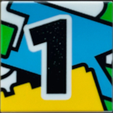 Tile 2 x 2 with Blue Flag, Yellow Brick and Black Number 1 Pattern