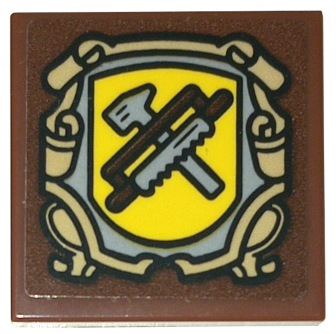 Tile 2 x 2 with Yellow Shield, Tan Frame and Saw and Hammer Pattern (Sticker) - Set 10332