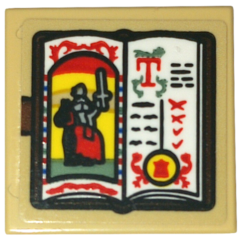 Tile 2 x 2 with Black Open Book, White Pages, Knight on Horse and Red and Black Text Pattern (Sticker) - Set 10332