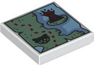 Tile 2 x 2 with Map of Coastline with Sand Green Land, Erupting Volcano on Island, Black Red Panda Head and Dark Red Dotted Line Pattern