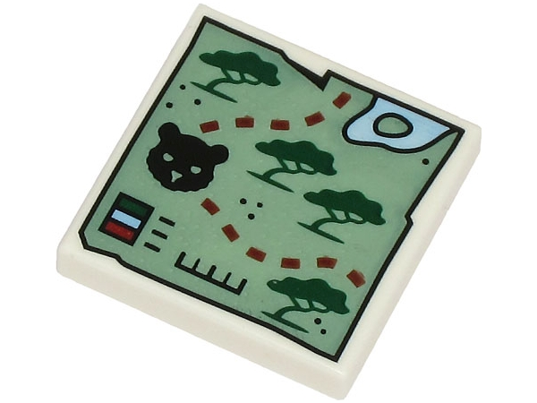 Tile 2 x 2 with Map with Sand Green Land, Dark Green Trees, Black Tiger Head and Dark Red Dotted Line Pattern