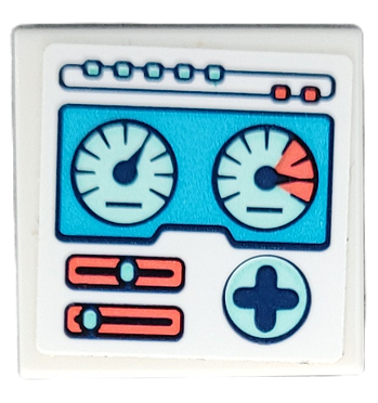 Tile 2 x 2 with Medium Azure Control Pattern with Dark Blue, Light Aqua and Coral Gauges, Sliders and Directional Pad Pattern (Sticker) - Set 41692