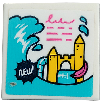 Tile 2 x 2 with 'NEW!' in Black Starburst, Yellow Castle, Dark Turquoise Waves, Dark Pink Writing, Lines and Slide Pattern (Sticker) - Set 41428