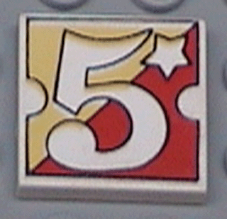 Tile 2 x 2 with Number  5 Fabuland Yellow/Red Background Pattern