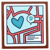 Tile 2 x 2 with Map with Medium Azure Heart, Paw Print in Speech Bubble and Coral Roads on Light Aqua Background Pattern (Sticker) - Set 41692